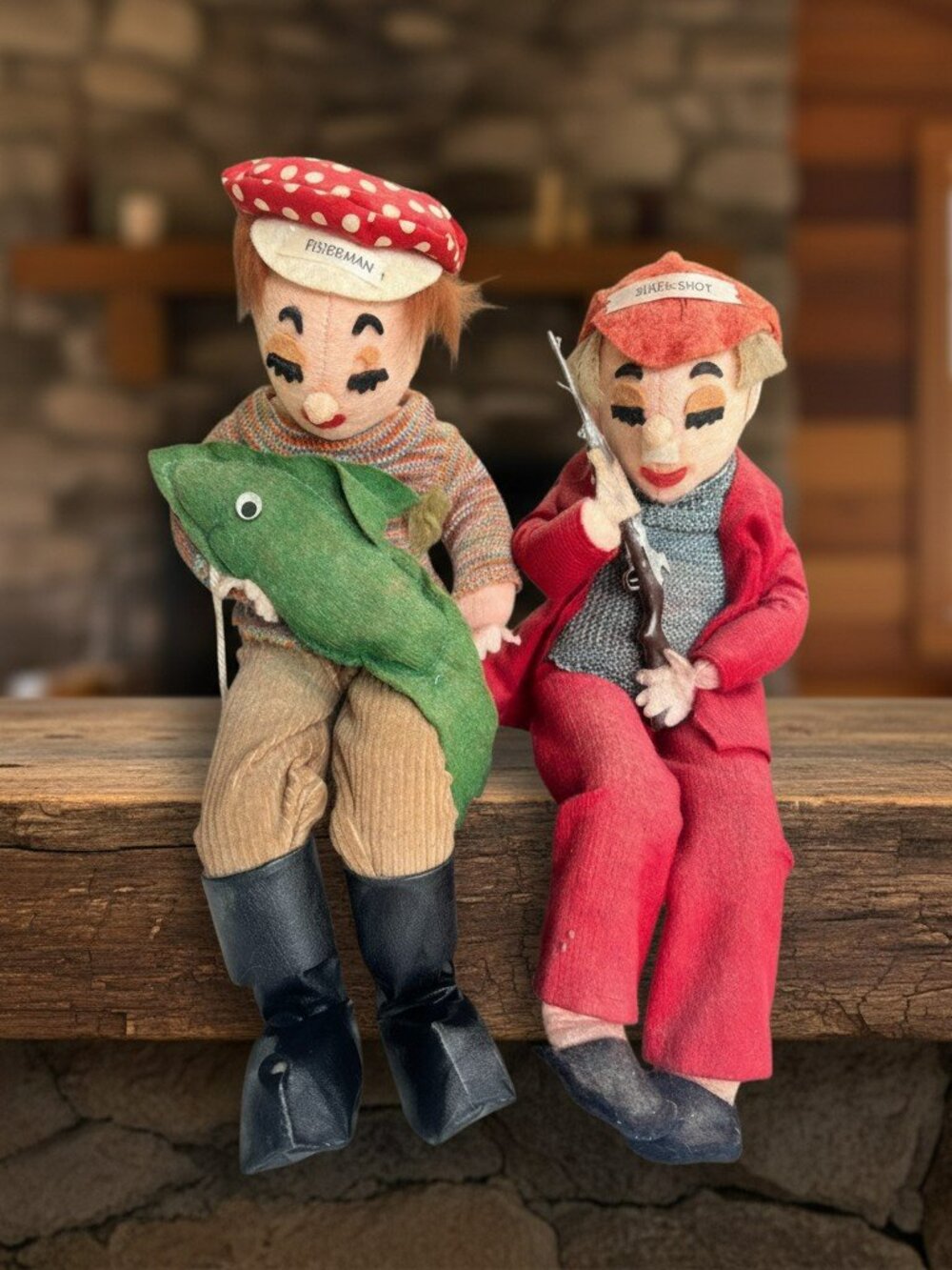 Vintage 1960s Stuart Inc Felt Doll Pair Fisherman & Hunter Set Mid Century